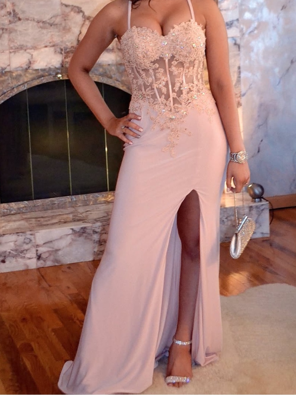 Size 6 Jasz Couture Elegant Blush Lace Appliqué Evening Dress